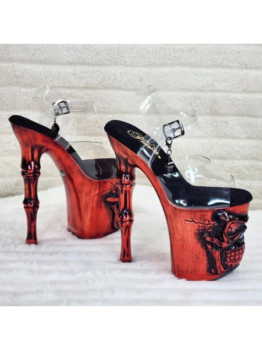 NIB Rapture Clear Metallic Red Skull & Bones 8" High Heel Platform Shoes
